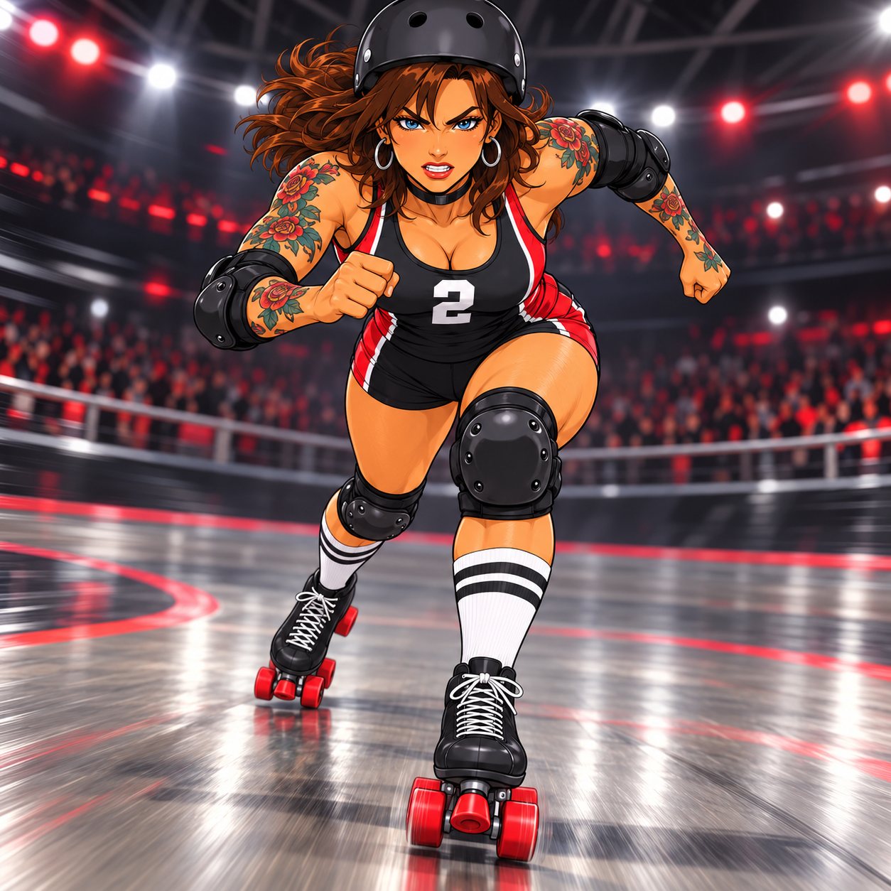 RollaGirl: a roller derby jammer in a black and red number 2 kit, charging around the track.